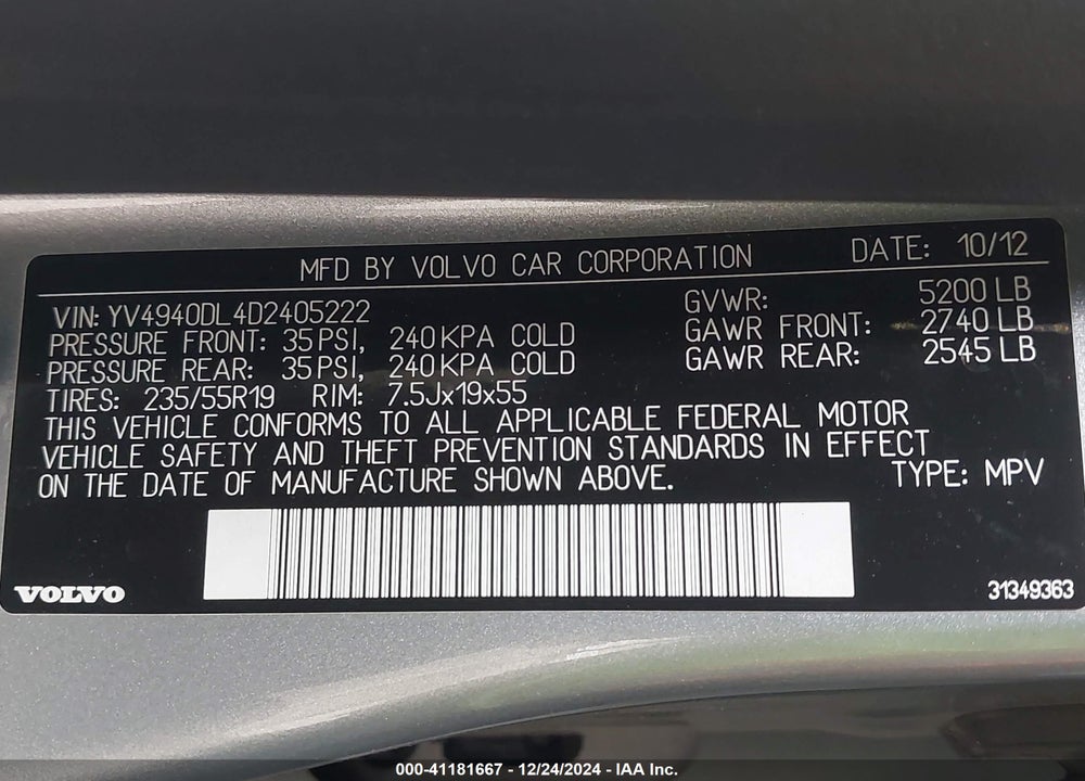 2013 VOLVO XC60 3.2 PLATINUM VIN: YV4940DL4D2405222