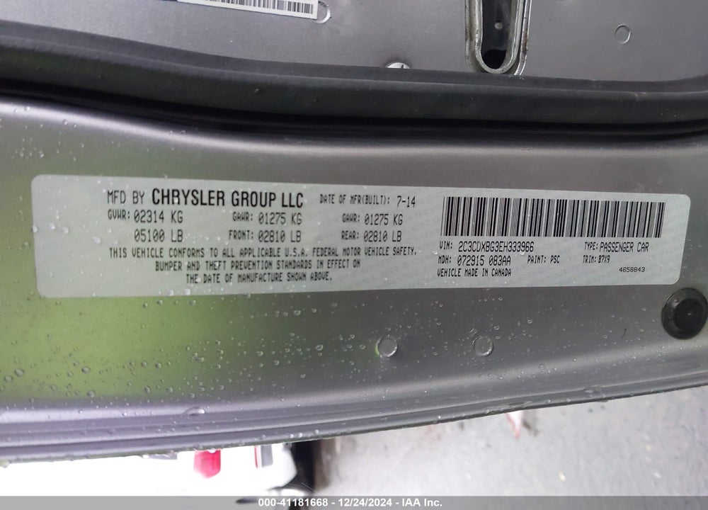 2014 DODGE CHARGER VIN: 2C3CDXBG3EH333966
