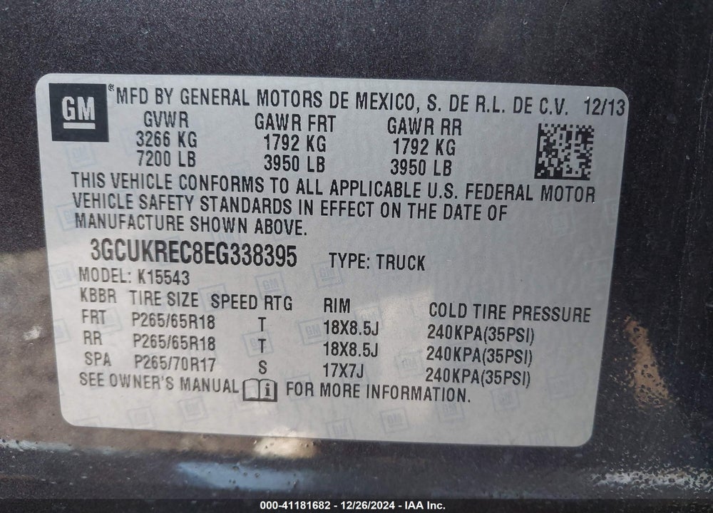 2014 CHEVROLET SILVERADO 1500 1LT VIN: 3GCUKREC8EG338395