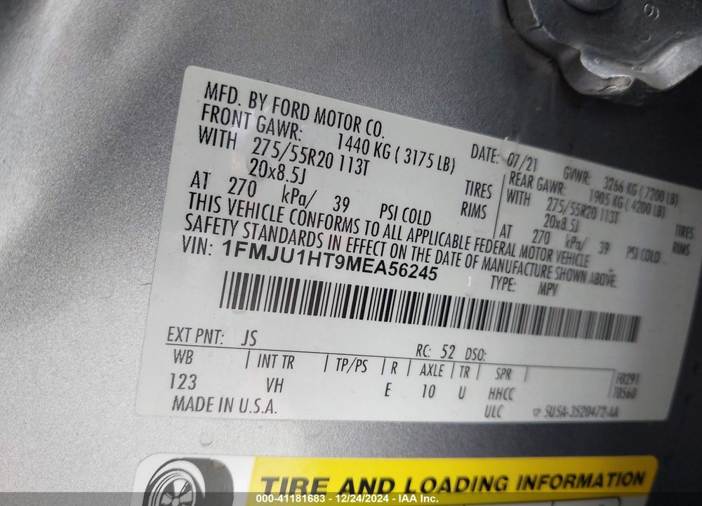 2021 FORD EXPEDITION VIN: 1FMJU1HT9MEA56245
