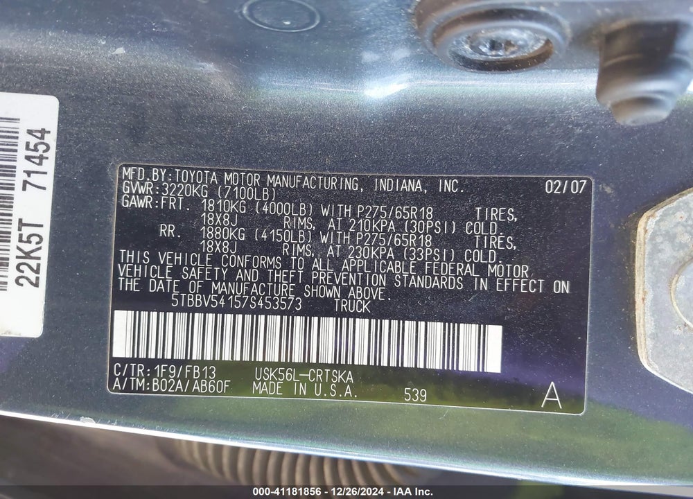 2007 TOYOTA TUNDRA SR5 5.7L V8 VIN: 5TBBV54157S453573