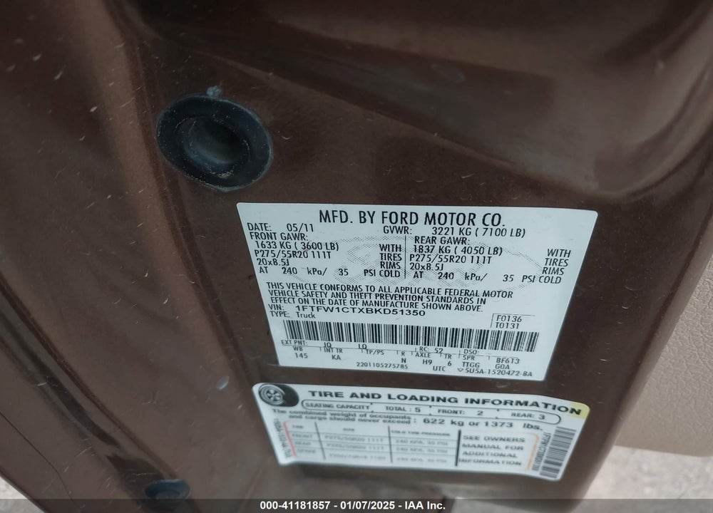 2011 FORD F-150 VIN: 1FTFW1CTXBKD51350