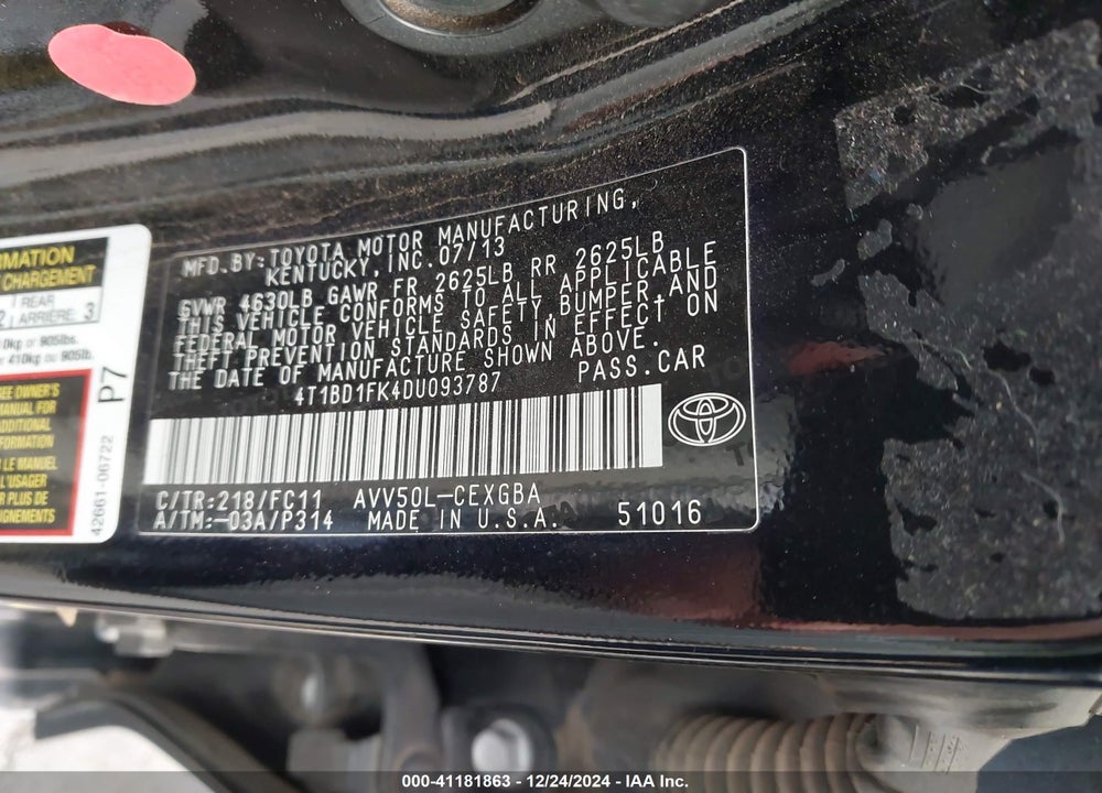 2013 TOYOTA CAMRY HYBRID XLE VIN: 4T1BD1FK4DU093787