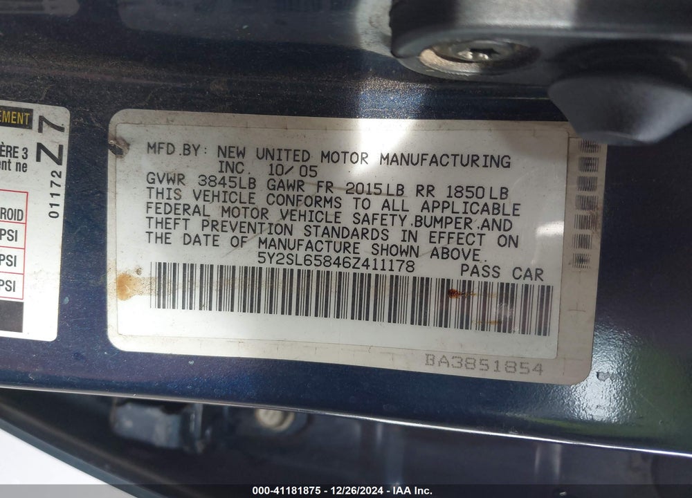 2006 PONTIAC VIBE VIN: 5Y2SL65846Z411178