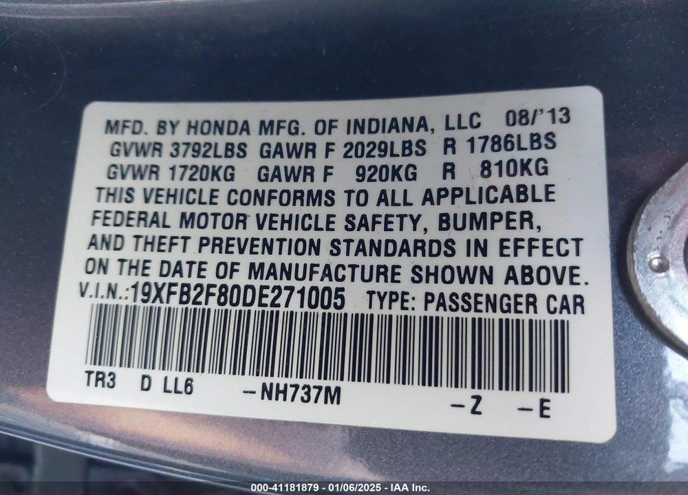 2013 HONDA CIVIC VIN: 19XFB2F80DE271005