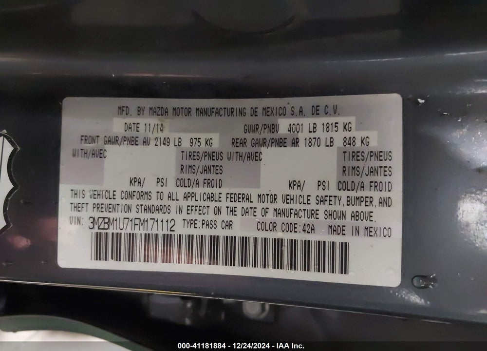 2015 MAZDA MAZDA3 VIN: 3MZBM1U71FM171112