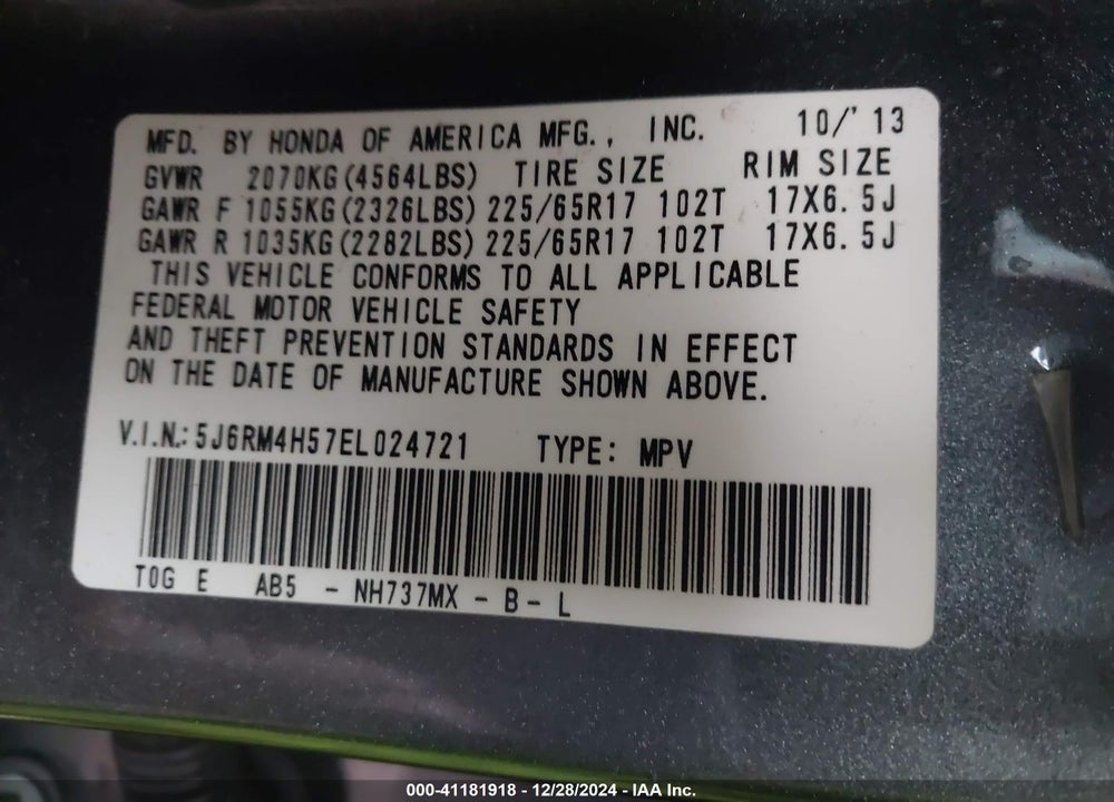 2014 HONDA CR-V EX VIN: 5J6RM4H57EL024721