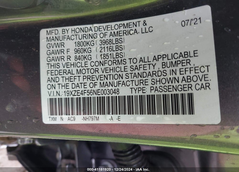 2022 HONDA INSIGHT EX VIN: 19XZE4F56NE003048