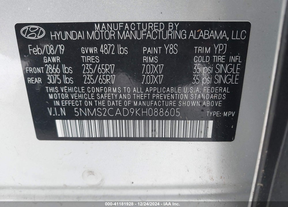 2019 HYUNDAI SANTA FE SE VIN: 5NMS2CAD9KH088605