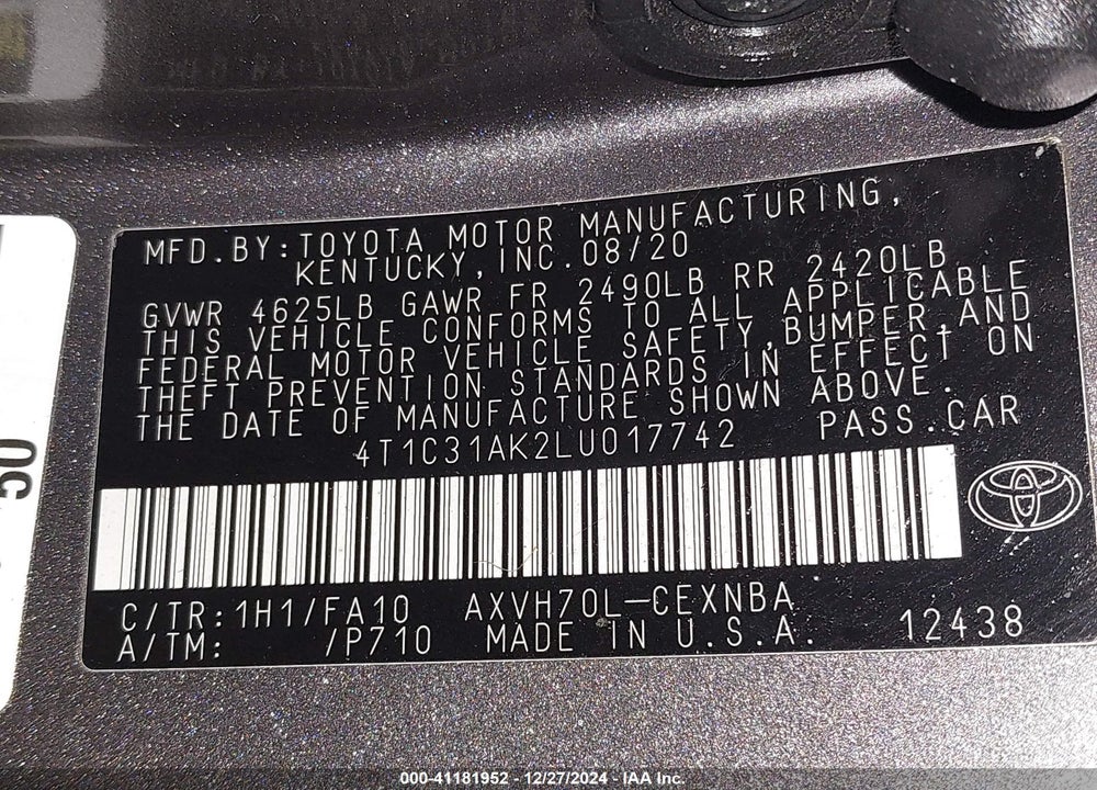2020 TOYOTA CAMRY LE HYBRID VIN: 4T1C31AK2LU017742