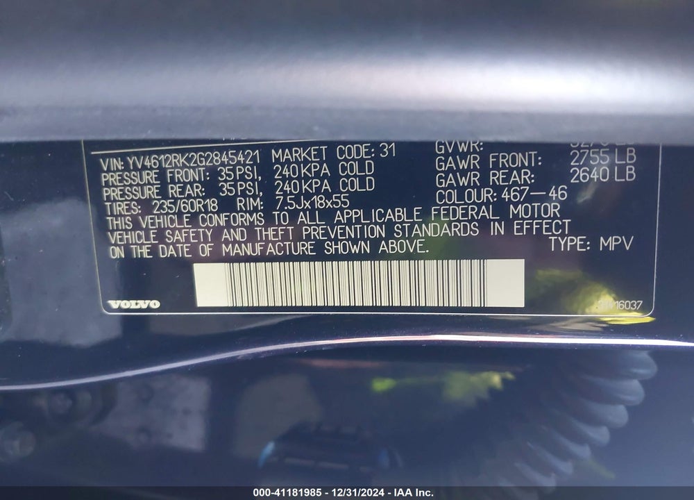 2016 VOLVO XC60 T5 PREMIER VIN: YV4612RK2G2845421