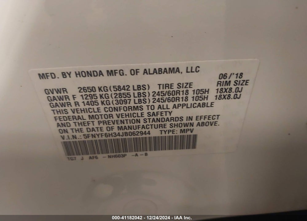 2018 HONDA PILOT EX VIN: 5FNYF6H34JB062944