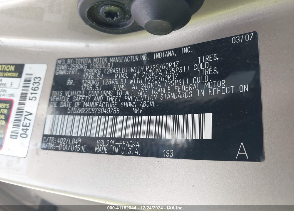 2007 TOYOTA SIENNA XLE VIN: 5TDZK22C97S049788