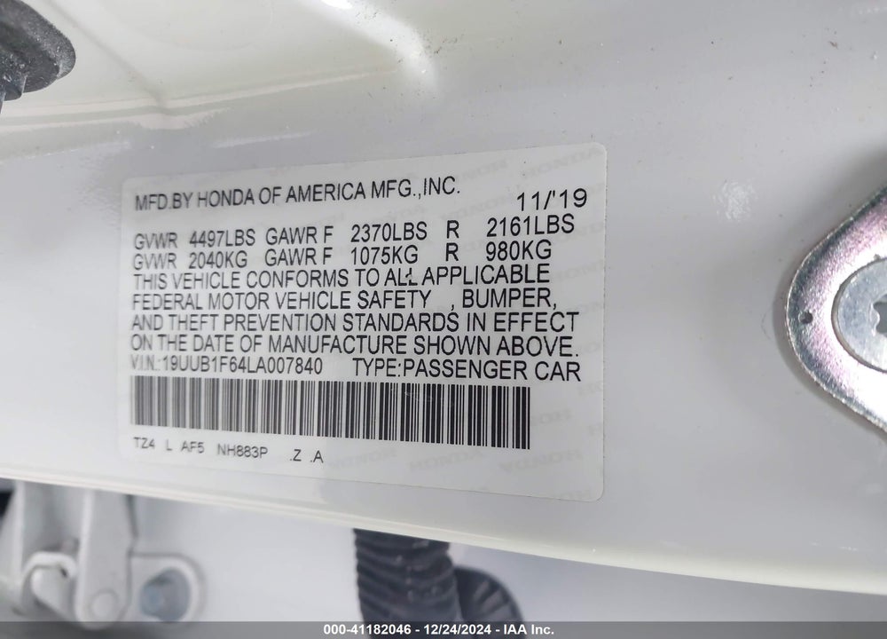 2020 ACURA TLX VIN: 19UUB1F64LA007840