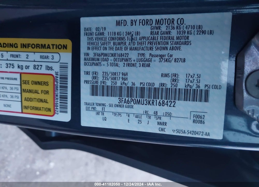 2019 FORD FUSION HYBRID VIN: 3FA6P0MU3KR168422