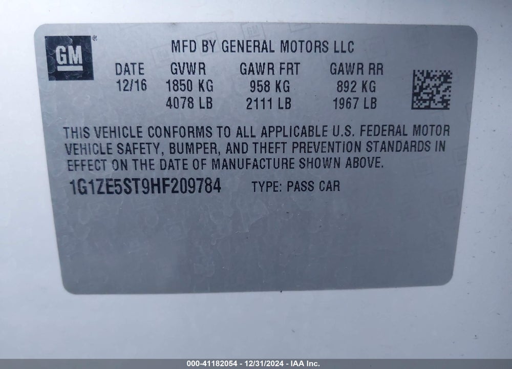 2017 CHEVROLET MALIBU 1LT VIN: 1G1ZE5ST9HF209784
