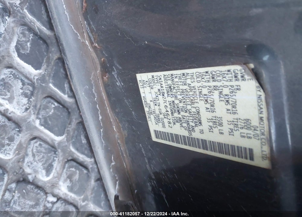 2007 NISSAN PATHFINDER SE VIN: 5N1AR18W27C646282