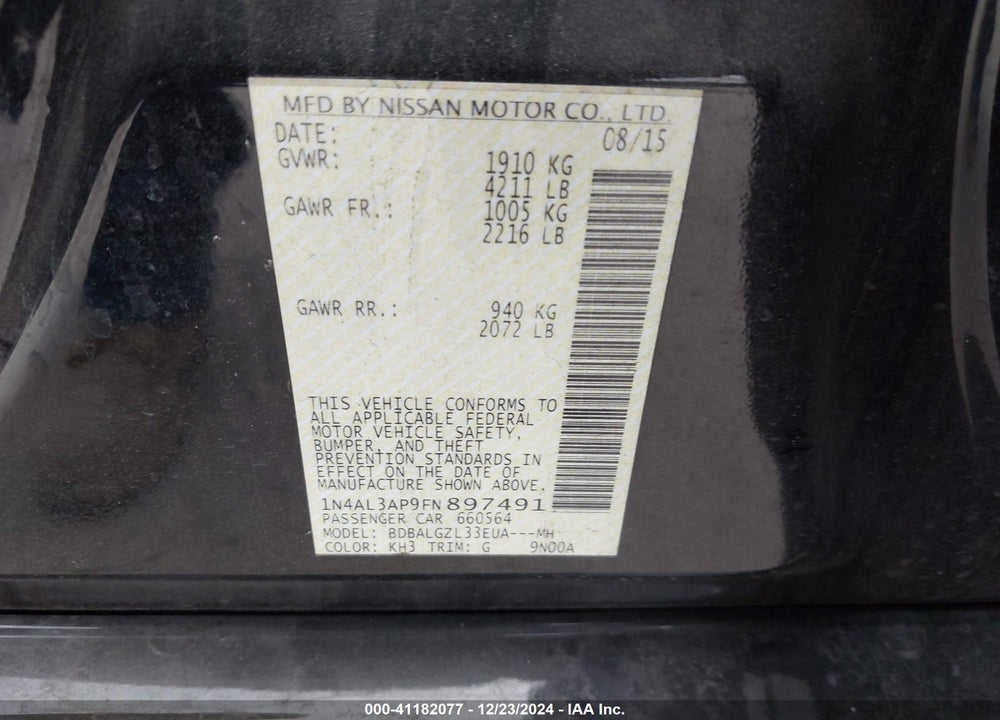2015 NISSAN ALTIMA VIN: 1N4AL3AP9FN897491