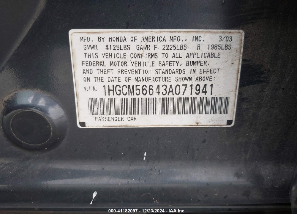 2003 HONDA ACCORD 2.4 EX VIN: 1HGCM56643A071941