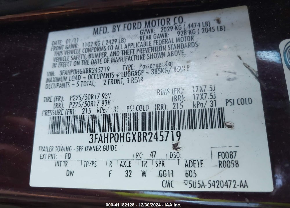 2011 FORD FUSION SE VIN: 3FAHP0HGXBR245719