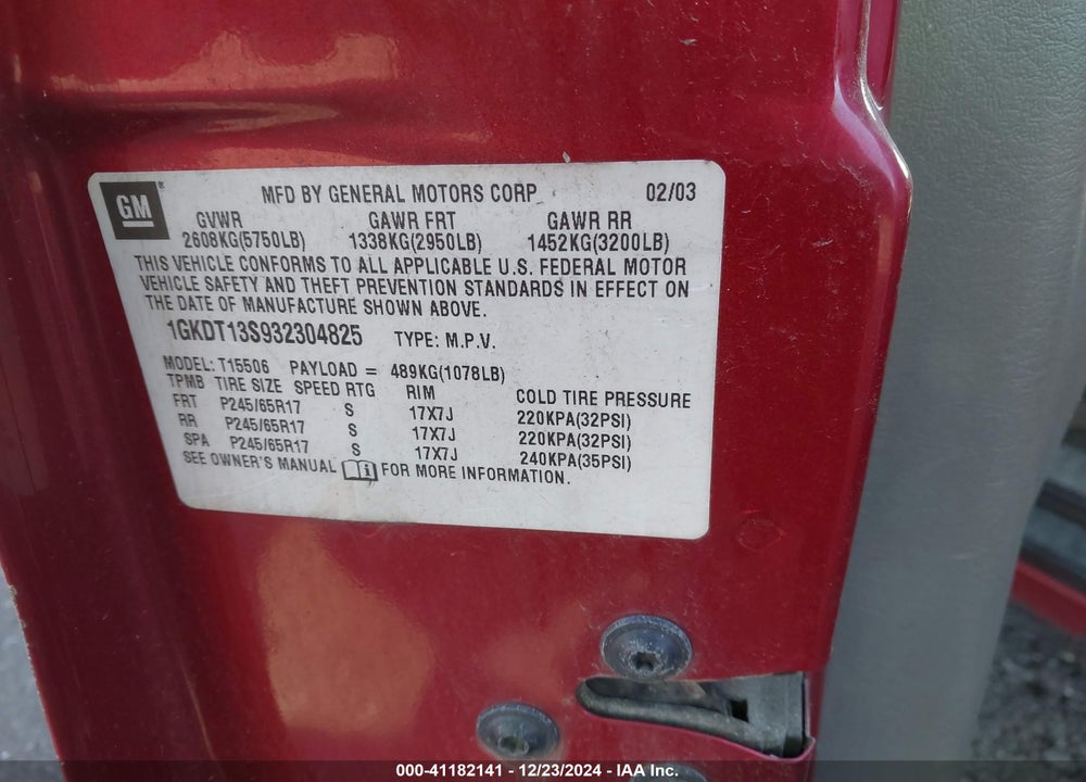 2003 GMC ENVOY SLE VIN: 1GKDT13S932304825