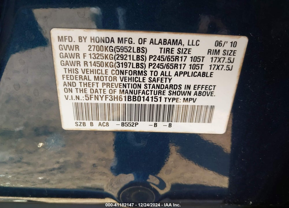 2011 HONDA PILOT VIN: 5FNYF3H61BB014151