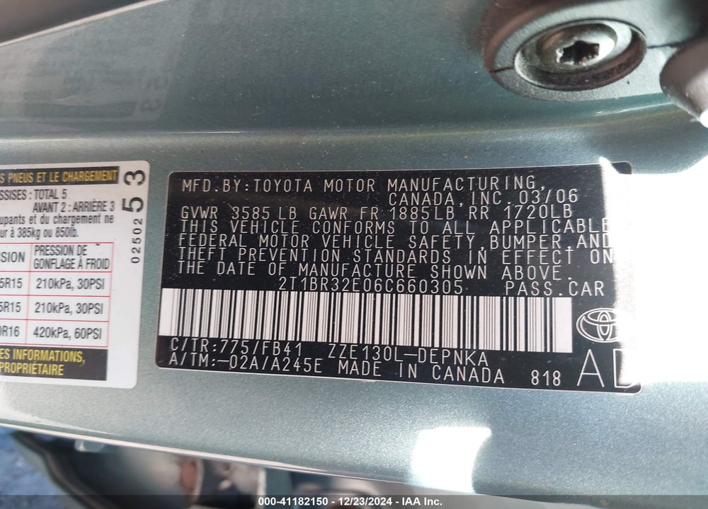 2006 TOYOTA COROLLA LE VIN: 2T1BR32E06C660305