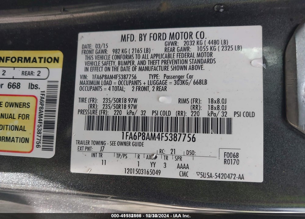 2015 FORD MUSTANG V6 VIN: 1FA6P8AM4F5387756