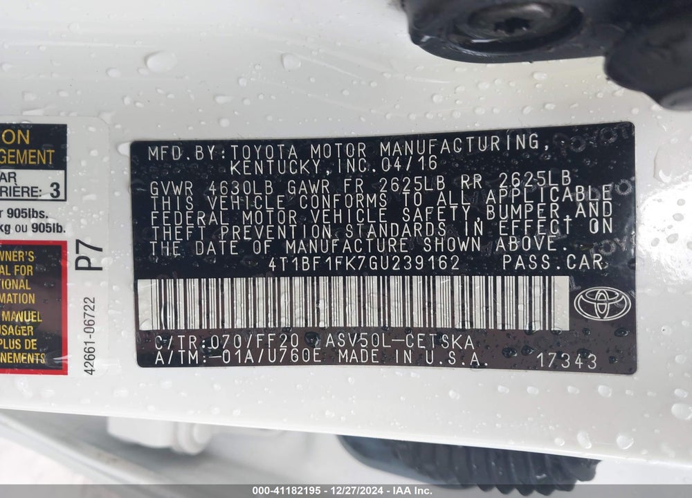 2016 TOYOTA CAMRY SE VIN: 4T1BF1FK7GU239162