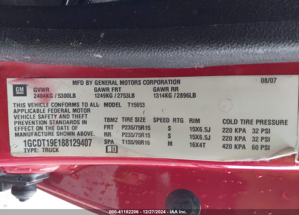 2008 CHEVROLET COLORADO LT VIN: 1GCDT19E188129407