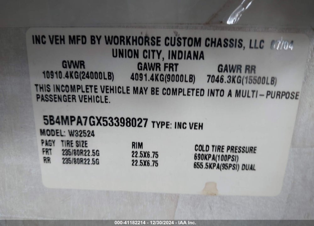 2005 LAPALMA MOTORHOME CHASSIS VIN: 5B4MPA7GX53398027
