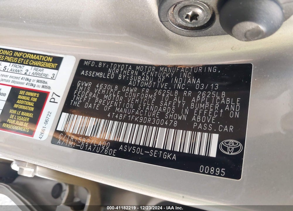 2013 TOYOTA CAMRY VIN: 4T4BF1FK9DR300478