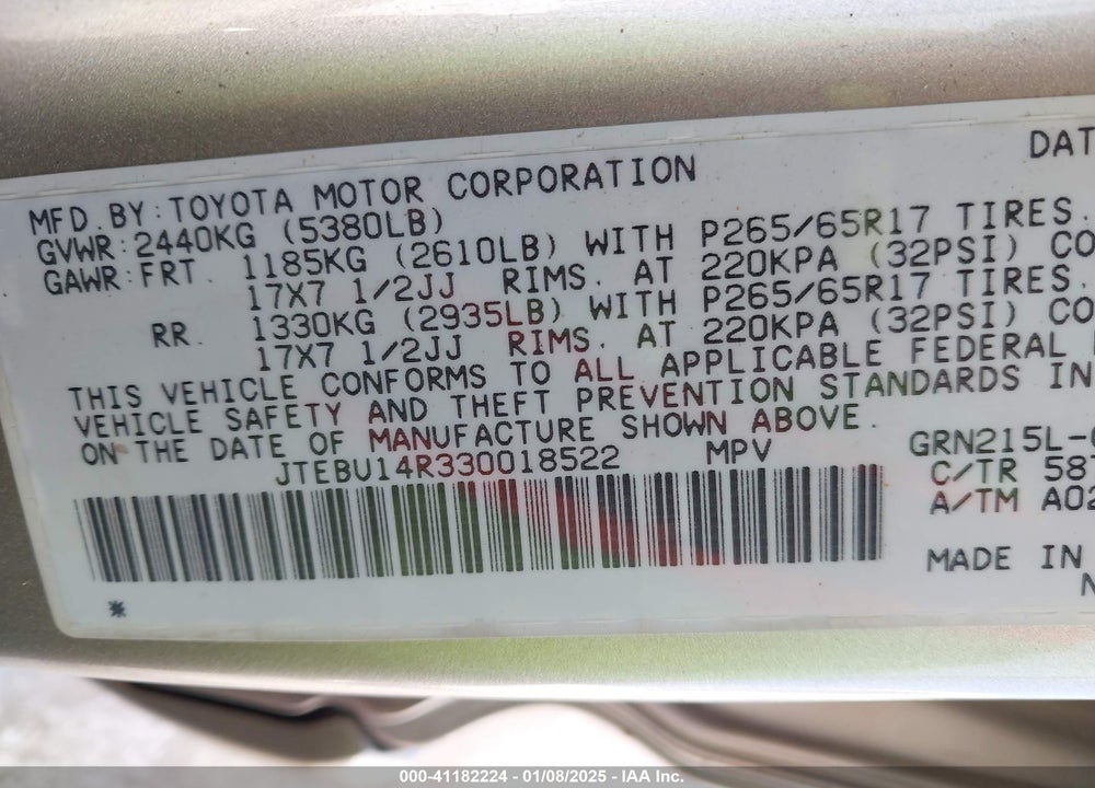 2003 TOYOTA 4RUNNER SR5 V6 VIN: JTEBU14R330018522