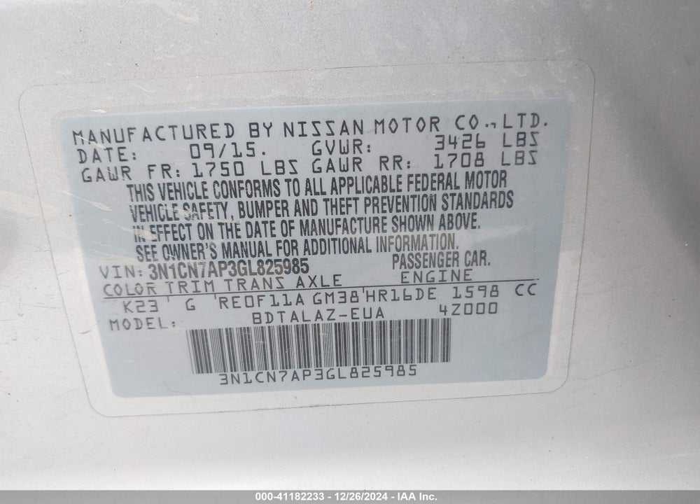 2016 NISSAN VERSA 1.6 S+ VIN: 3N1CN7AP3GL825985