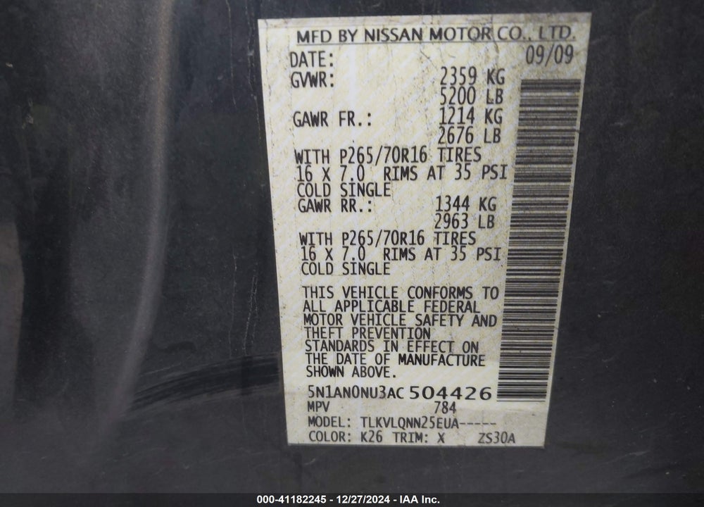 2010 NISSAN XTERRA X VIN: 5N1AN0NU3AC504426