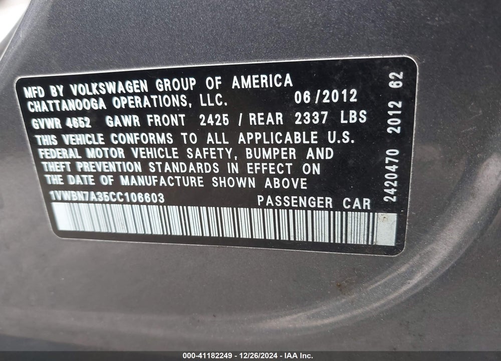 2012 VOLKSWAGEN PASSAT VIN: 1VWBN7A35CC106603