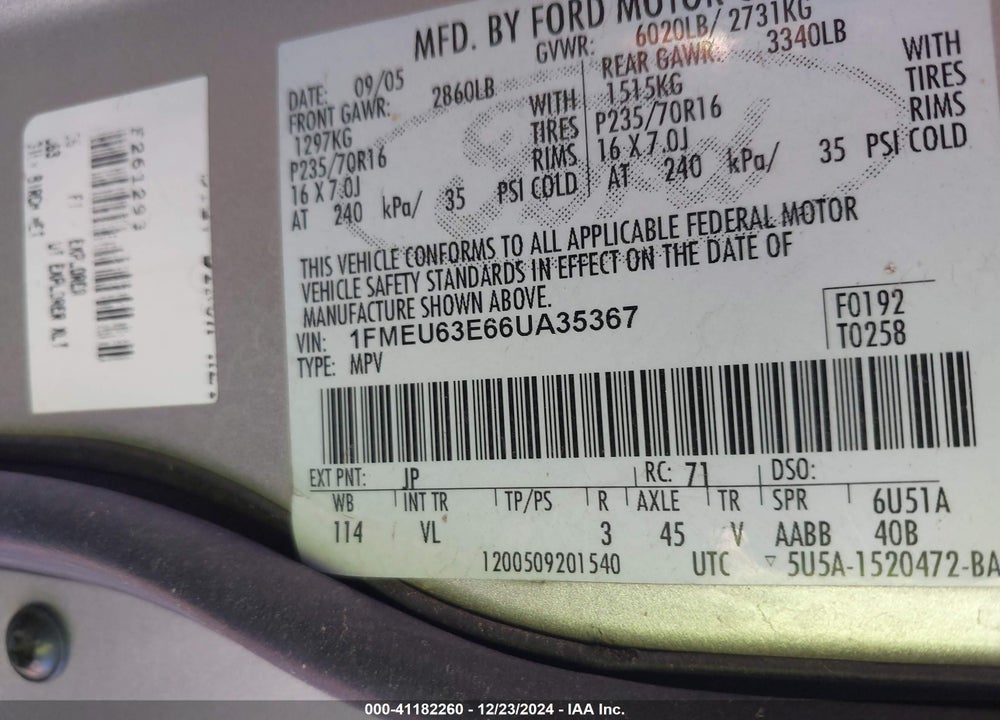 2006 FORD EXPLORER VIN: 1FMEU63E66UA35367