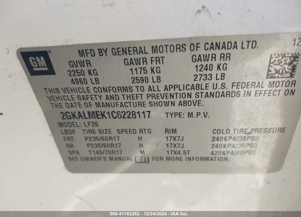 2012 GMC TERRAIN SLE-1 VIN: 2GKALMEK1C6228117