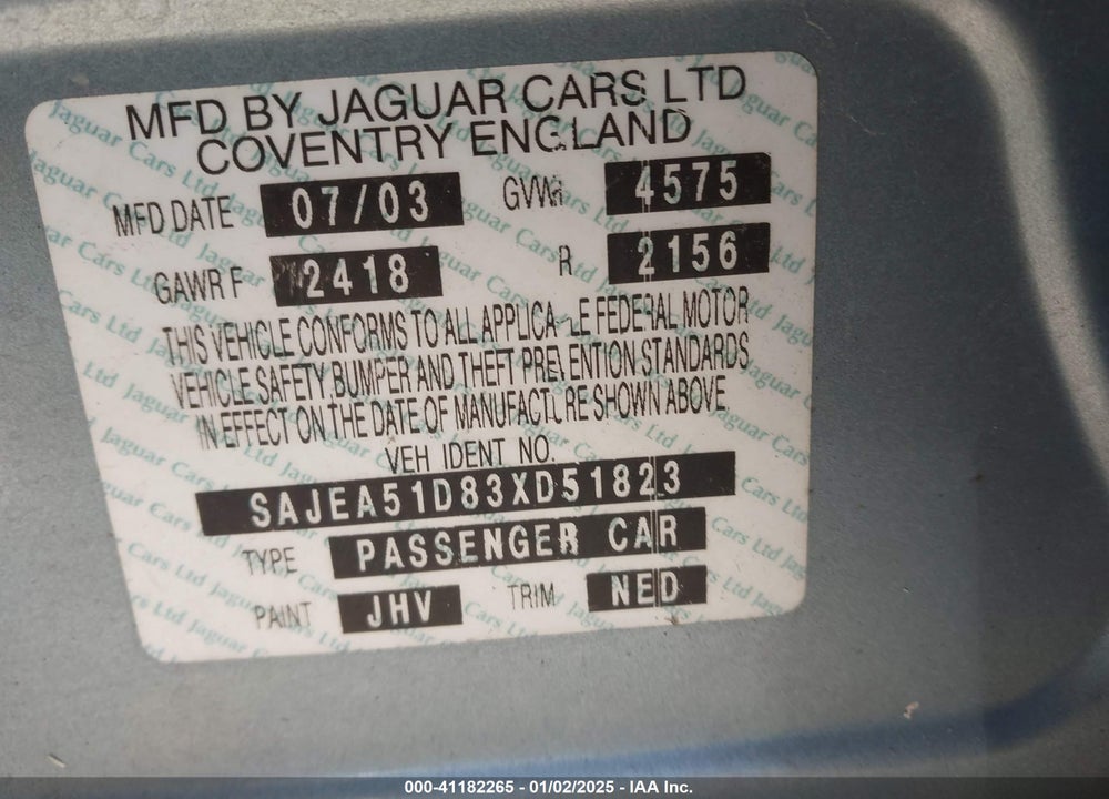 2003 JAGUAR X-TYPE 2.5 VIN: SAJEA51D83XD51823