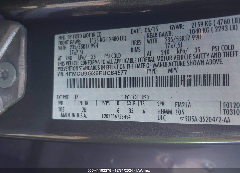 2015 FORD ESCAPE SE VIN: 1FMCU9GX6FUC84577