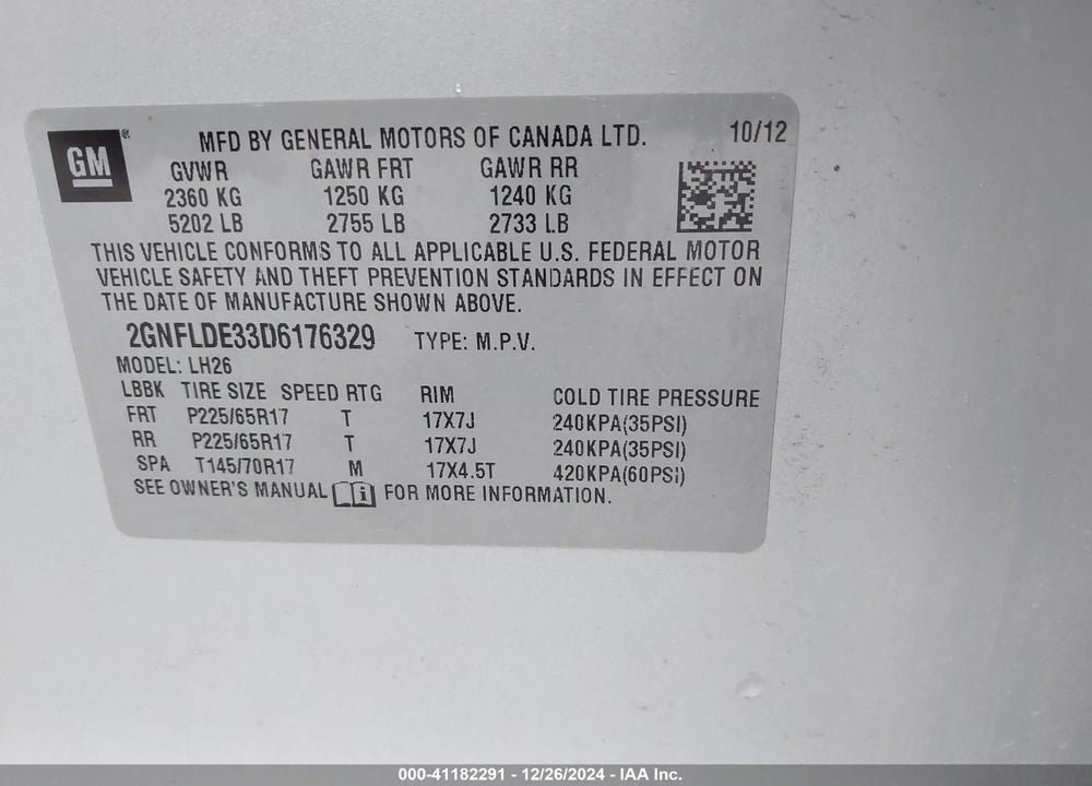 2013 CHEVROLET EQUINOX 1LT VIN: 2GNFLDE33D6176329
