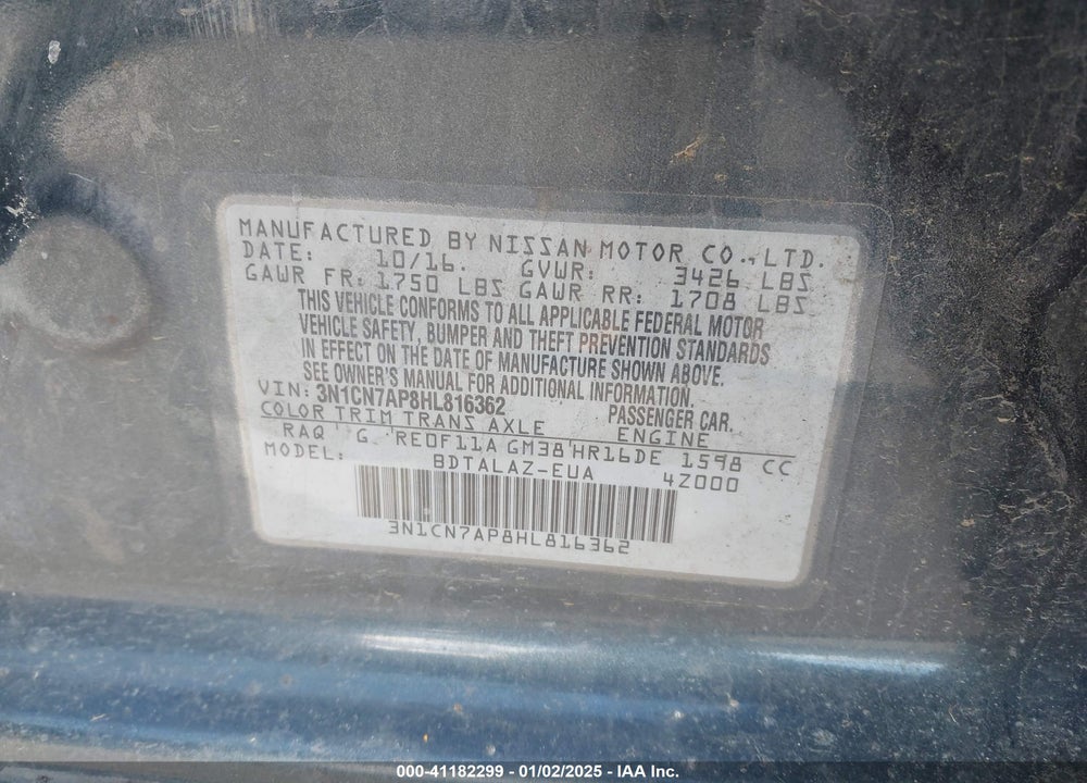 2017 NISSAN VERSA 1.6 S+ VIN: 3N1CN7AP8HL816362