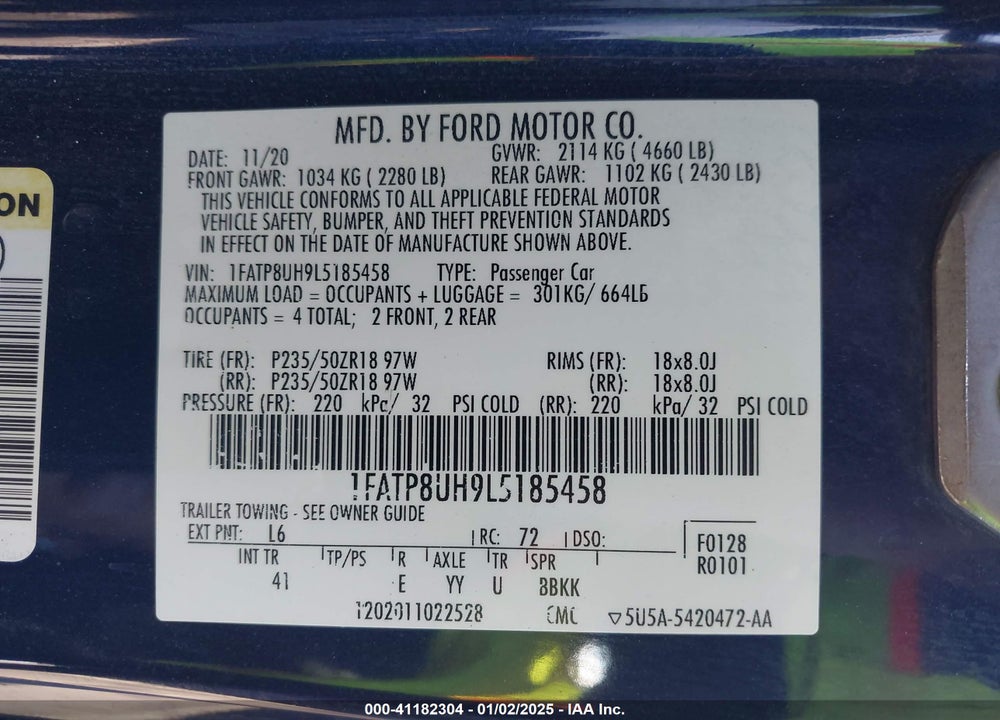 2020 FORD MUSTANG VIN: 1FATP8UH9L5185458
