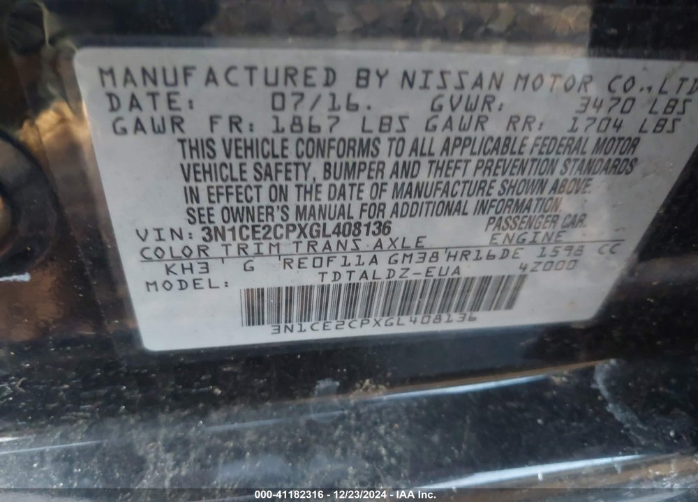 2016 NISSAN VERSA NOTE S (SR)/S PLUS/SL/SR/SV VIN: 3N1CE2CPXGL408136