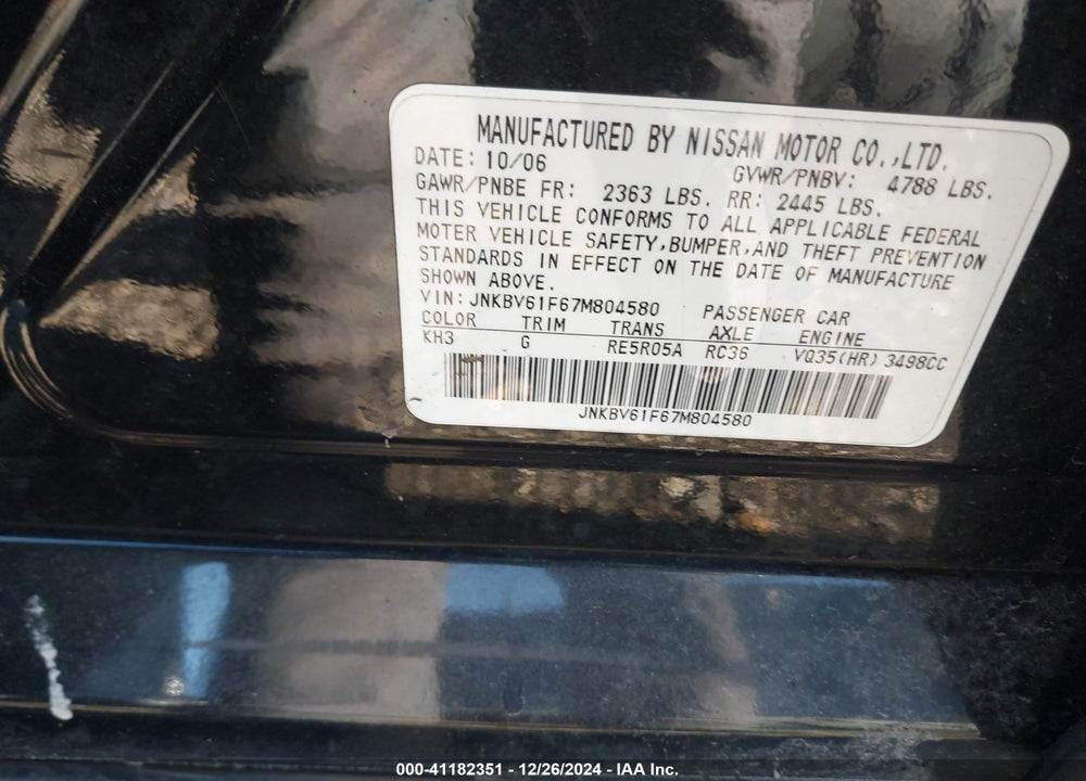 2007 INFINITI G35X VIN: JNKBV61F67M804580