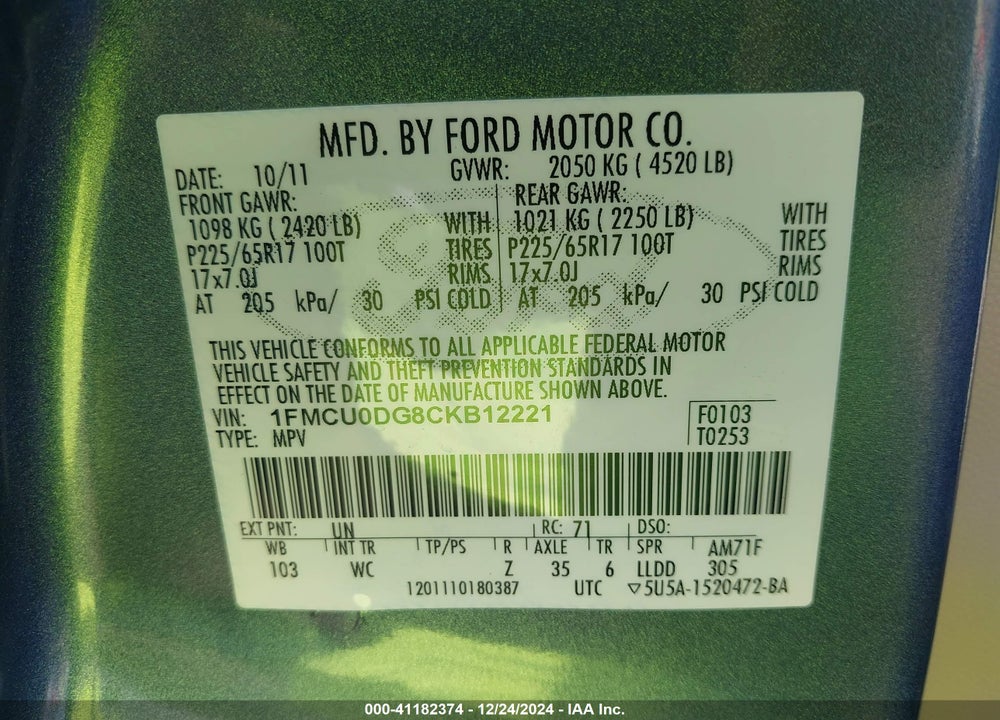 2012 FORD ESCAPE XLT VIN: 1FMCU0DG8CKB12221