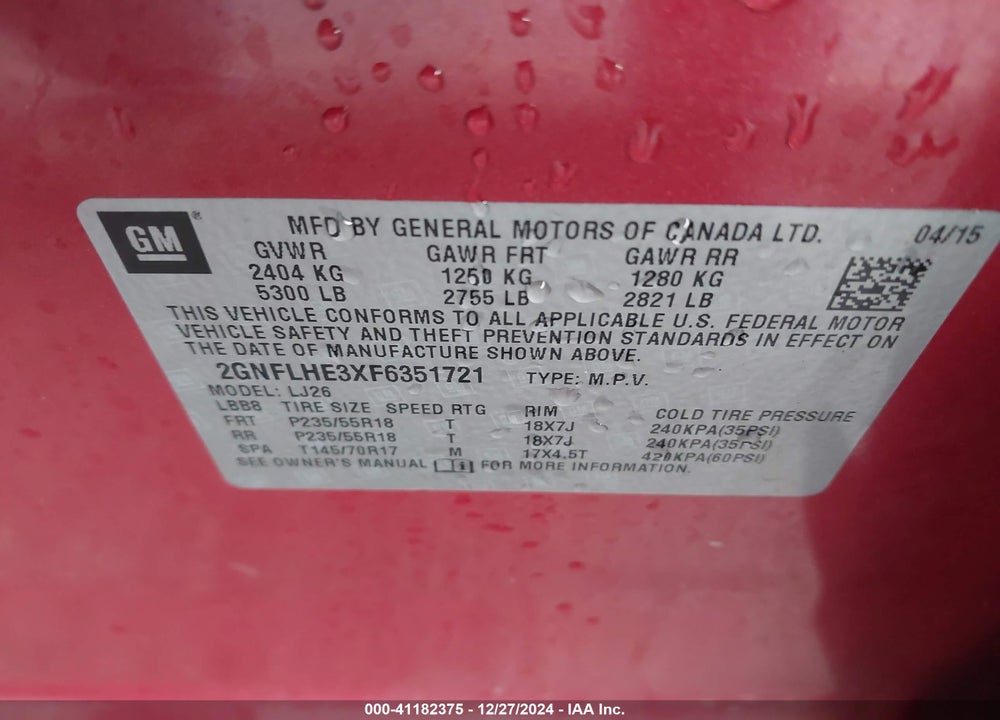 2015 CHEVROLET EQUINOX LTZ VIN: 2GNFLHE3XF6351721