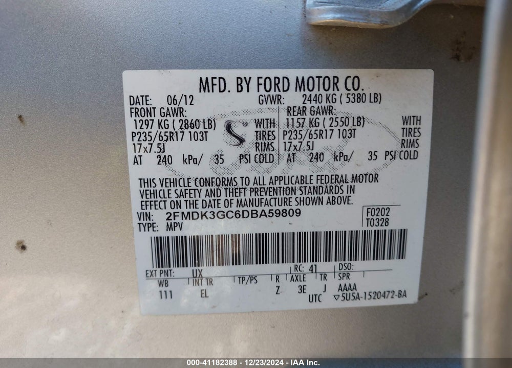 2013 FORD EDGE SE VIN: 2FMDK3GC6DBA59809