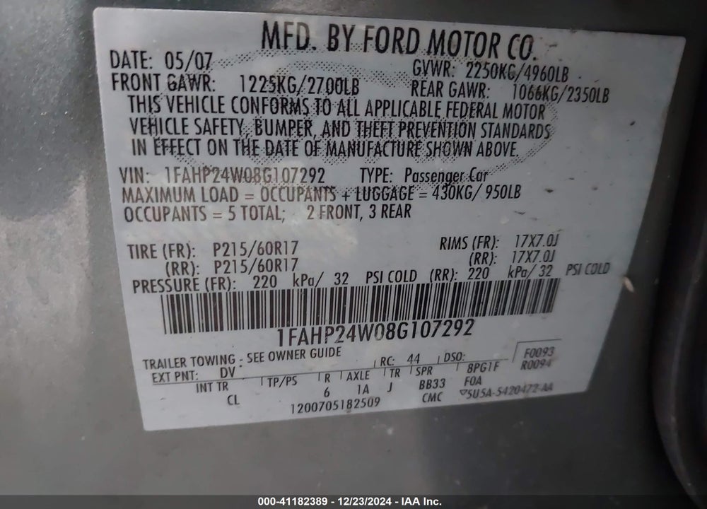 2008 FORD TAURUS SEL VIN: 1FAHP24W08G107292