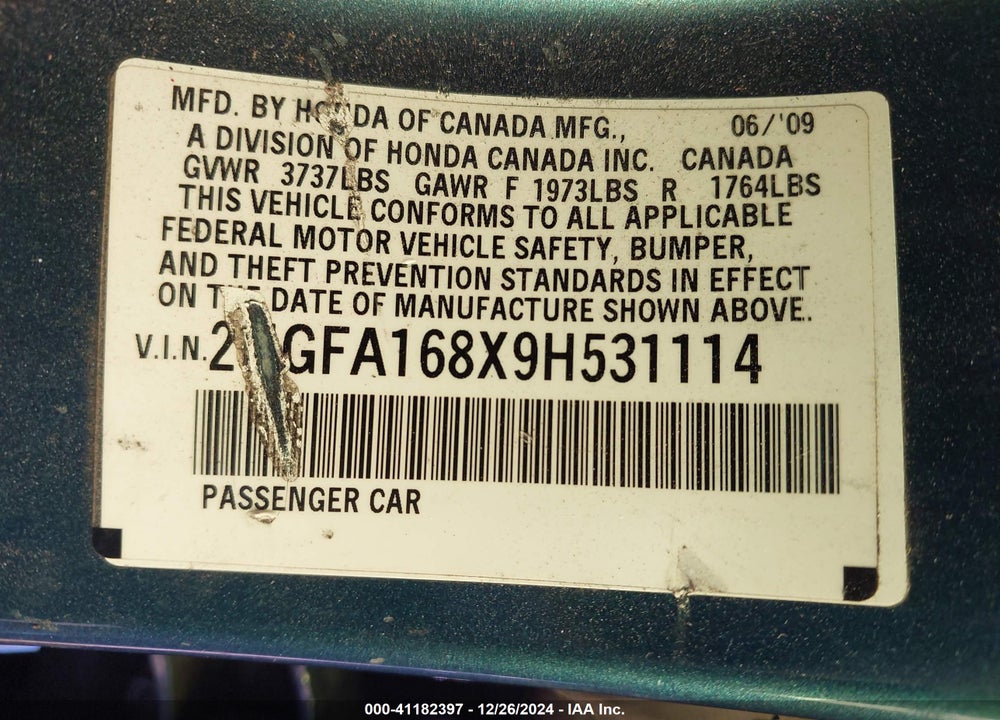 2009 HONDA CIVIC EX VIN: 2HGFA168X9H531114
